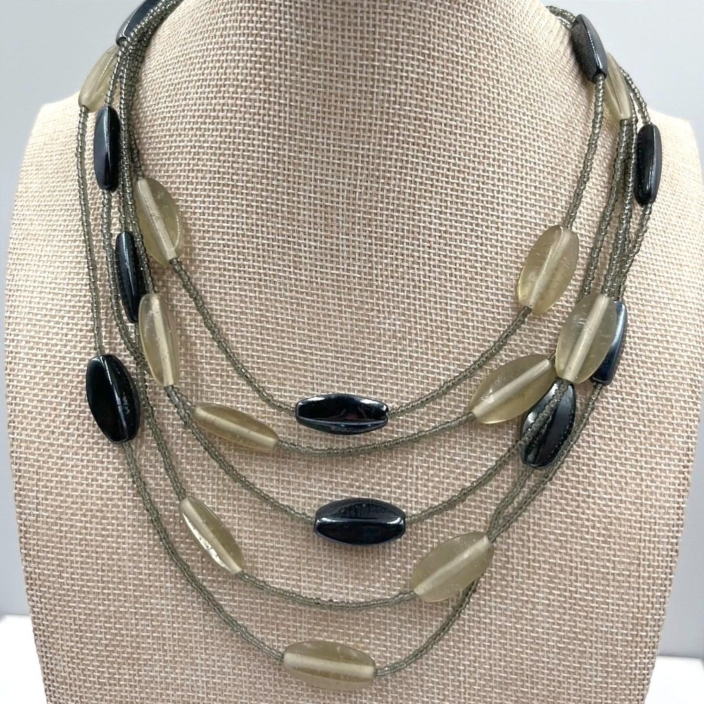 Vintage Hematite Glass Bead Multi Strand Necklace Statement Layered Grey Black